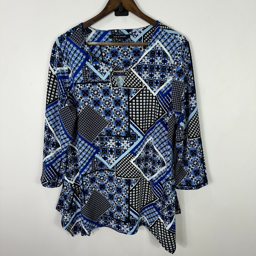 Zac & Rachel Top L Blue Geometric Print  Patchwork Boho Hippie Retro‎ Statement